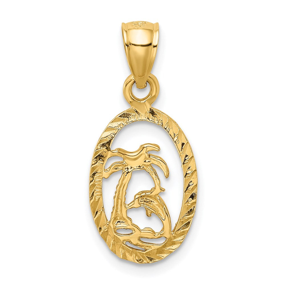 14k Yellow Gold 10 mm Dolphin and Palm Tree Pendant (0.98 grams)