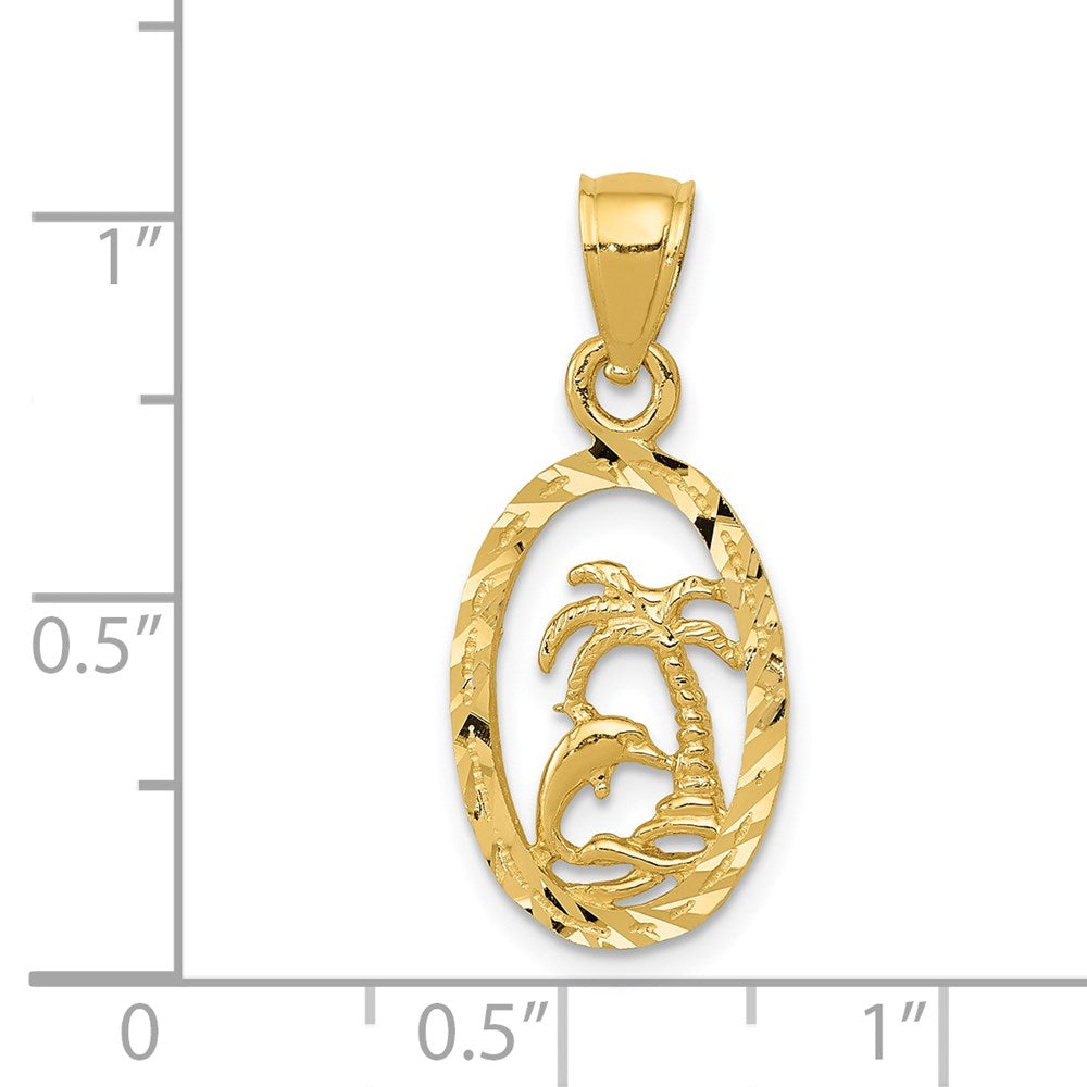 14k Yellow Gold 10 mm Dolphin and Palm Tree Pendant (0.98 grams)