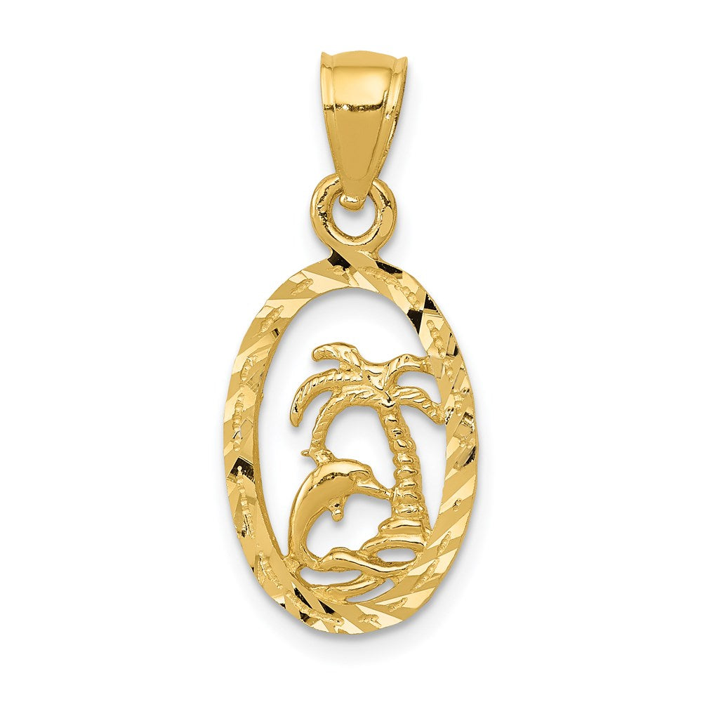 14k Yellow Gold 10 mm Dolphin and Palm Tree Pendant (0.98 grams)