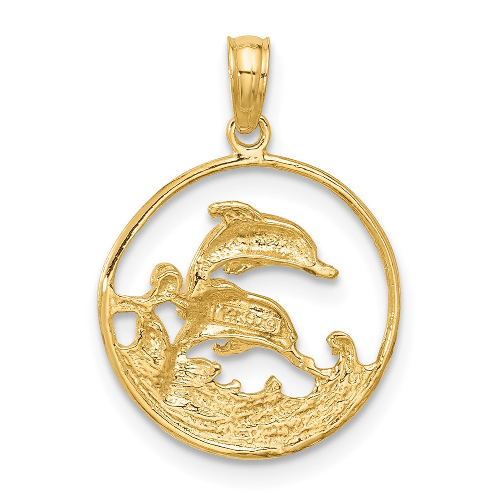 14k Yellow Gold 15 mm Double Dolphin Circle Pendant (1.32 grams)