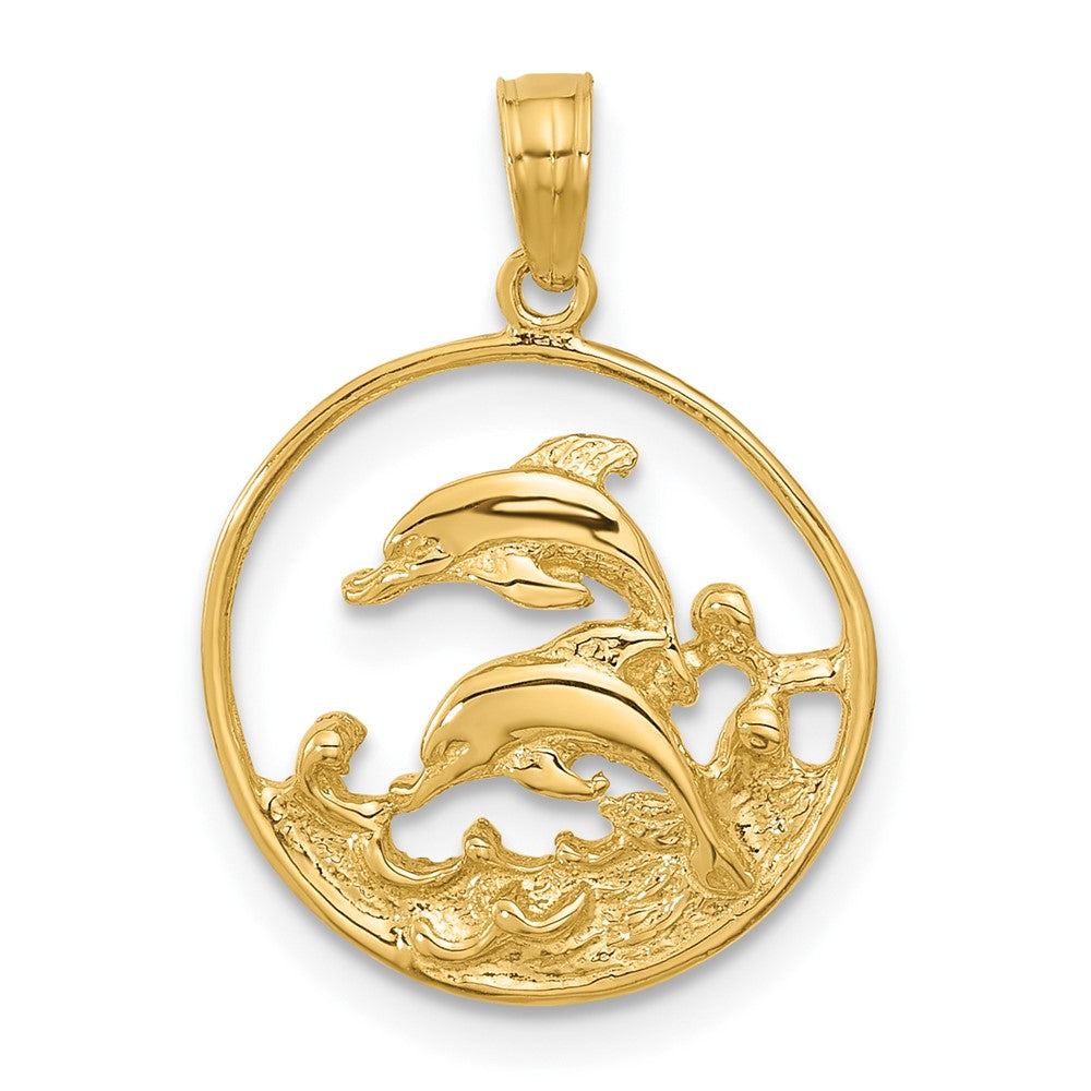 14k Yellow Gold 15 mm Double Dolphin Circle Pendant (1.32 grams)