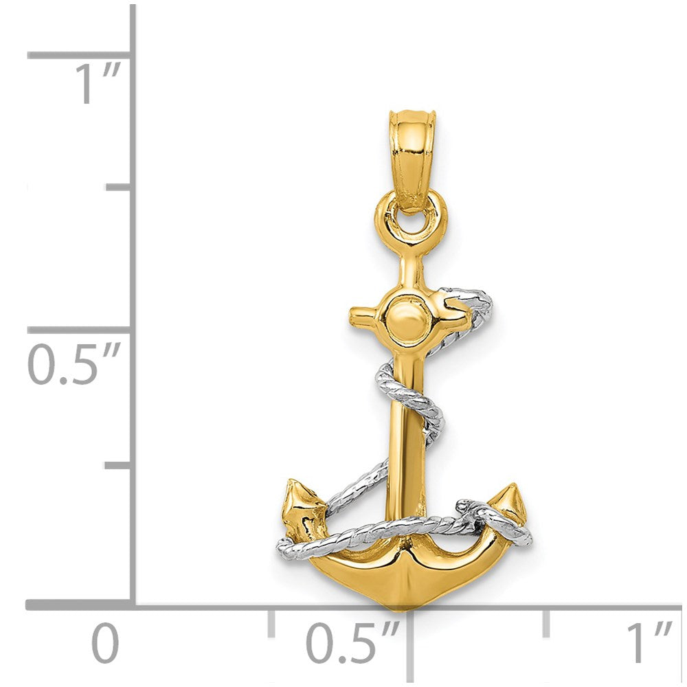 14k Two-tone 12 mm Two-Tone 3D Anchor W/Rope Pendant (1.3 grams)