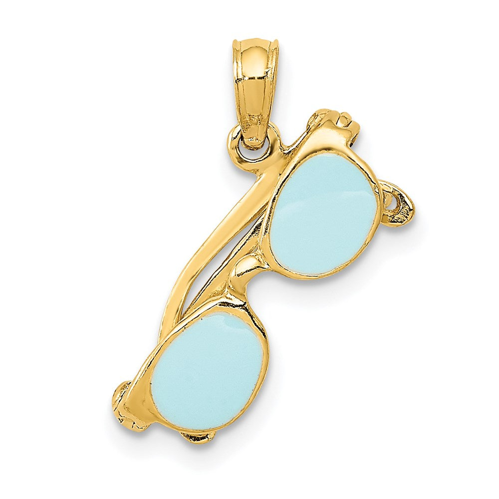 14k Yellow Gold 15 mm 3D Aqua Enameled Sunglasses Pendant (1.22 grams)