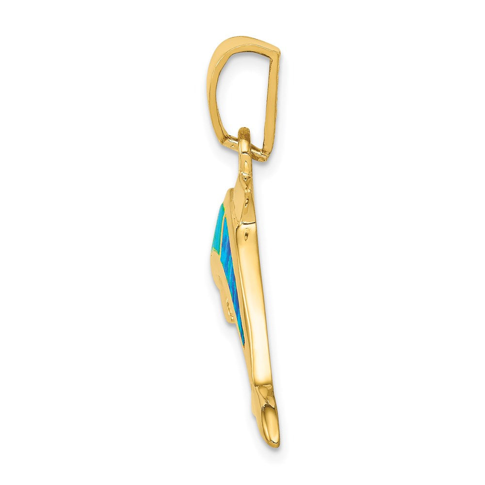 14k Yellow Gold 32 mm Lab Created Opal Dolphin Pendant (3.55 grams)