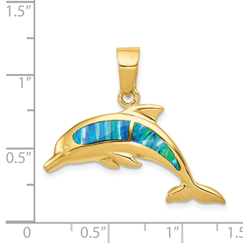 14k Yellow Gold 32 mm Lab Created Opal Dolphin Pendant (3.55 grams)