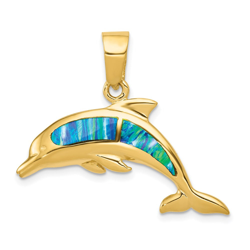 14k Yellow Gold 32 mm Lab Created Opal Dolphin Pendant (3.55 grams)
