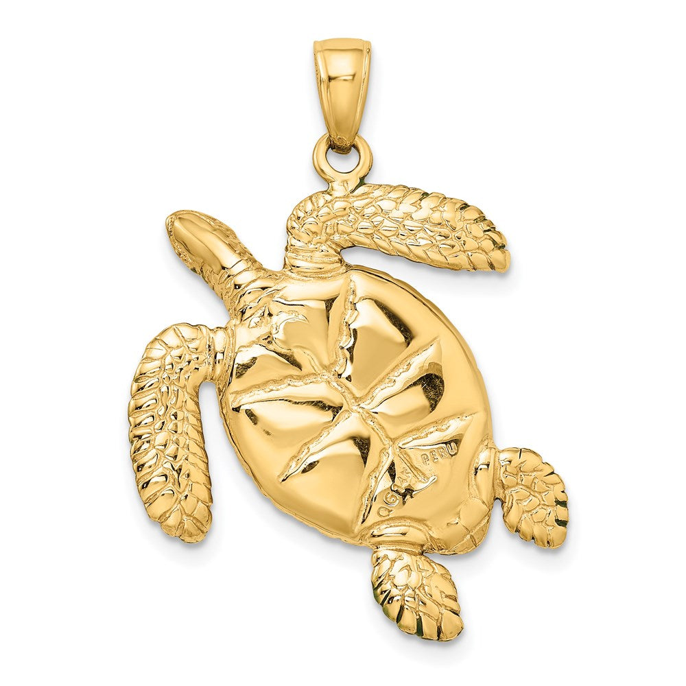 14k Yellow Gold 24 mm 3-D Enameled Sea Turtle Pendant (7.61 grams)