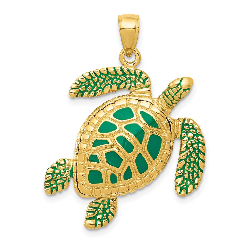 14k Yellow Gold 24 mm 3-D Enameled Sea Turtle Pendant (7.61 grams)