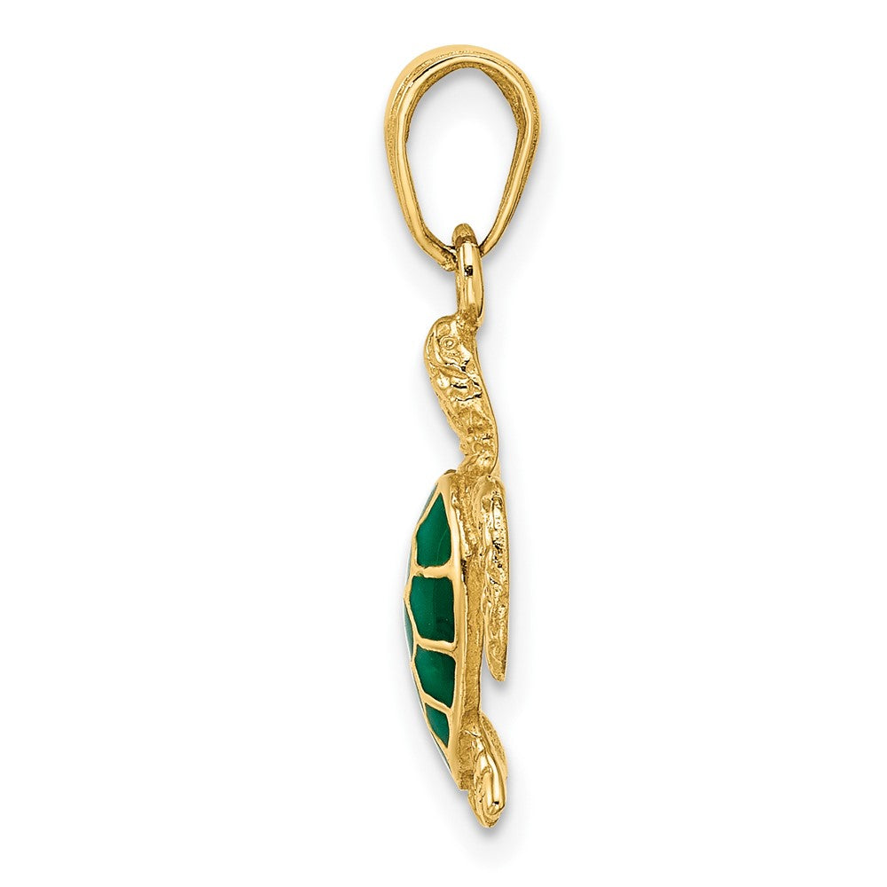 14k Yellow Gold 13 mm Green Enameled Sea Turtle Pendant (1.57 grams)