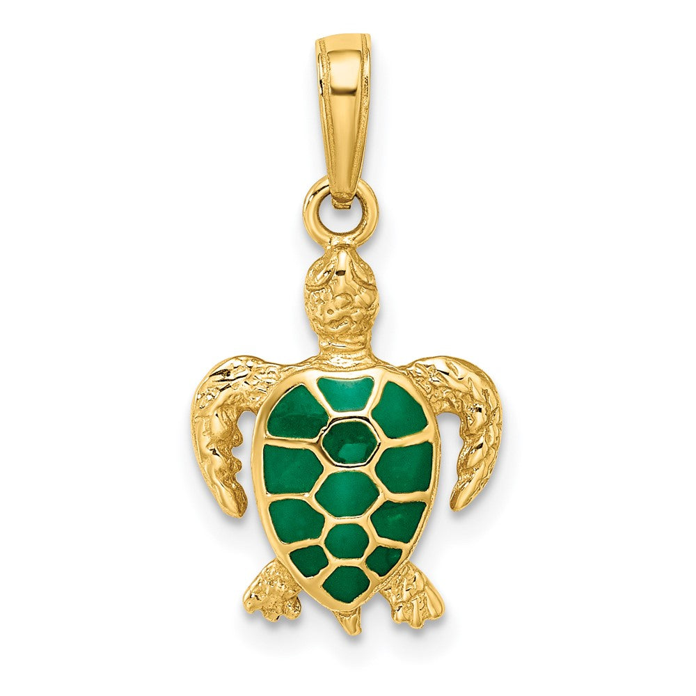 14k Yellow Gold 13 mm Green Enameled Sea Turtle Pendant (1.57 grams)