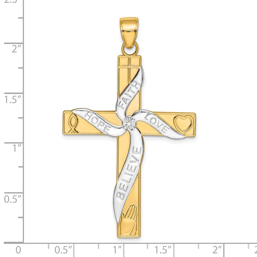 14k Yellow & Rhodium 34 mm HOPE FAITH LOVE BELIEVE Cross Pendant (5.93 grams)