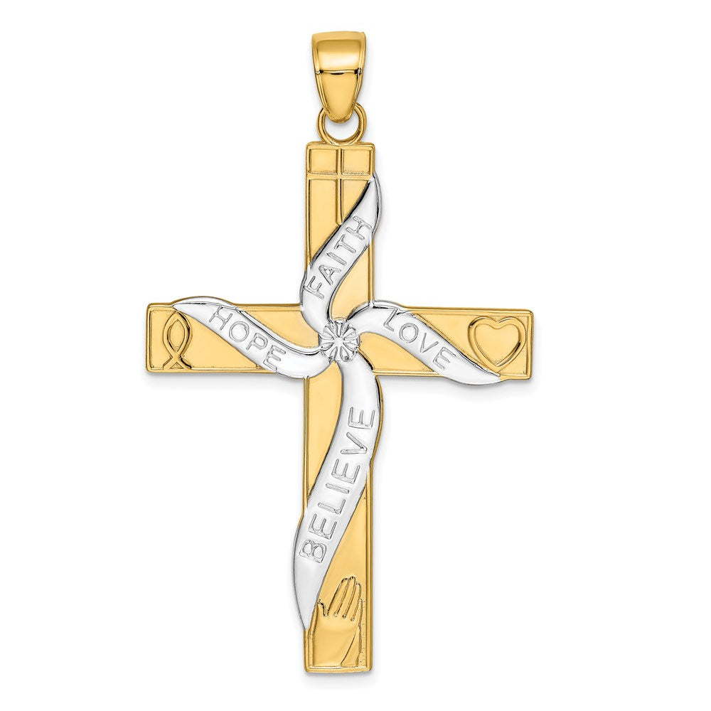 14k Yellow & Rhodium 34 mm HOPE FAITH LOVE BELIEVE Cross Pendant (5.93 grams)