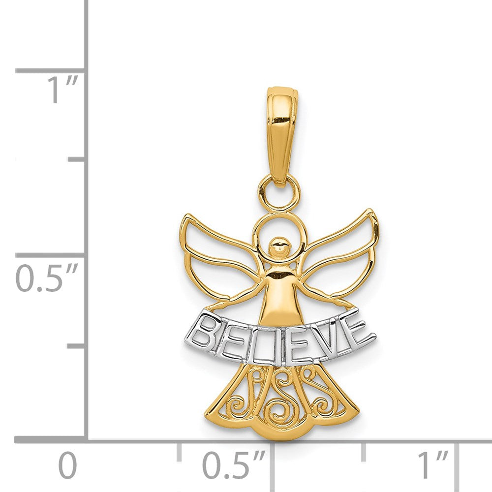14k Yellow & Rhodium 15 mm BELIEVE Angel Pendant (0.78 grams)