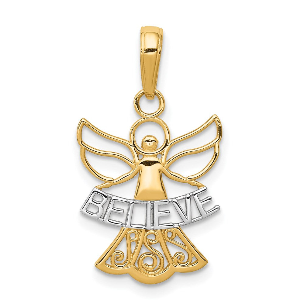 14k Yellow & Rhodium 15 mm BELIEVE Angel Pendant (0.78 grams)