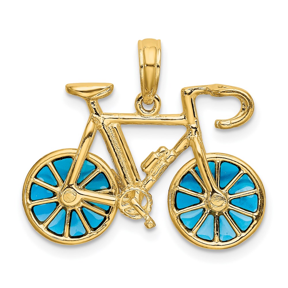 14k Yellow Gold 23 mm 3-D Blue Enameled Moveable Bicycle Pendant (2.21 grams)