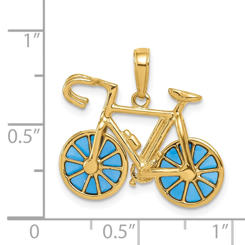 14k Yellow Gold 23 mm 3-D Blue Enameled Moveable Bicycle Pendant (2.21 grams)