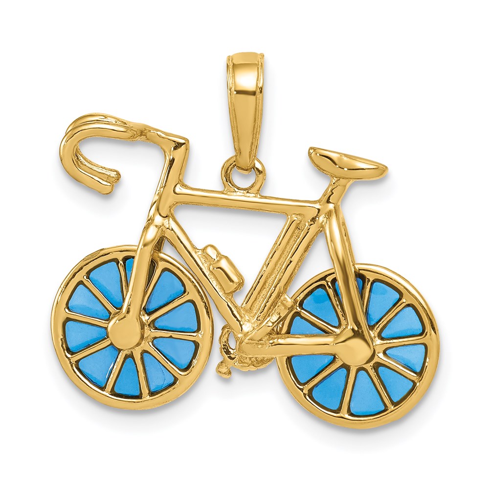 14k Yellow Gold 23 mm 3-D Blue Enameled Moveable Bicycle Pendant (2.21 grams)