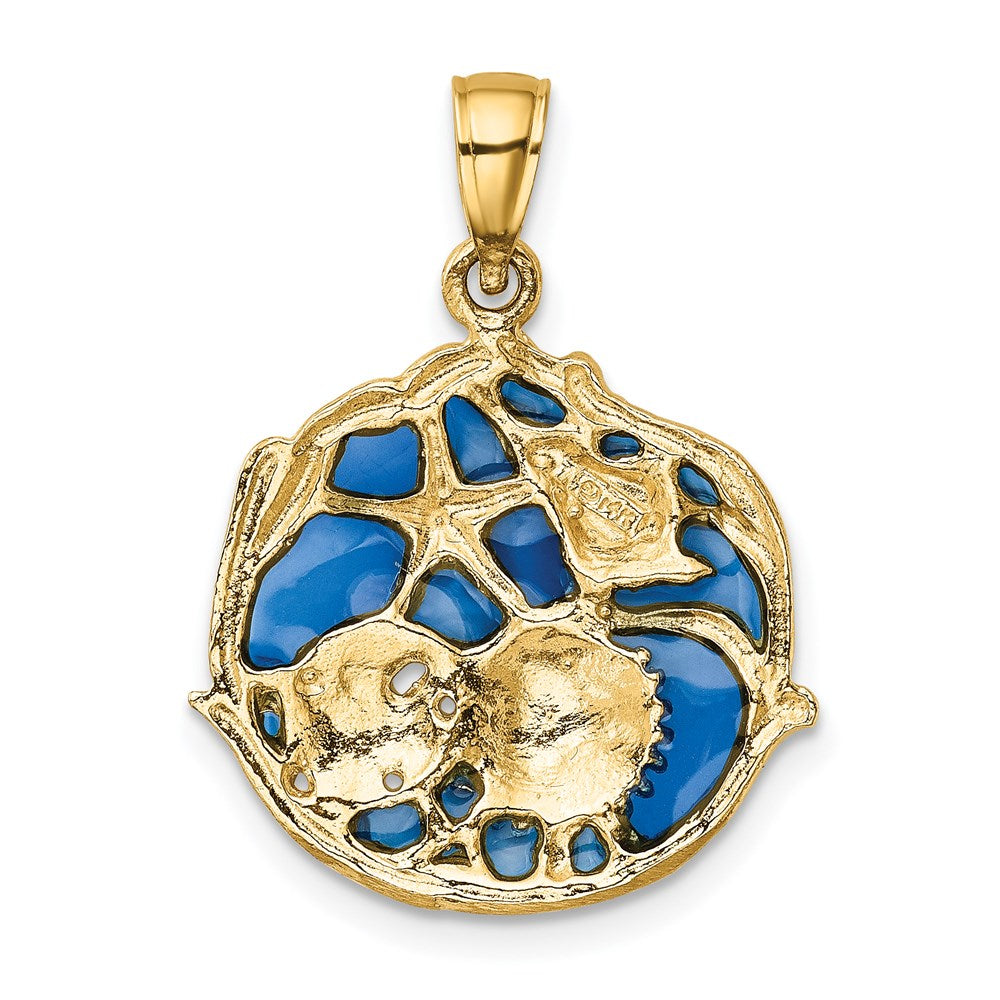 14k Yellow Gold 20 mm Blue Enameled Shell Cluster Pendant (2.75 grams)