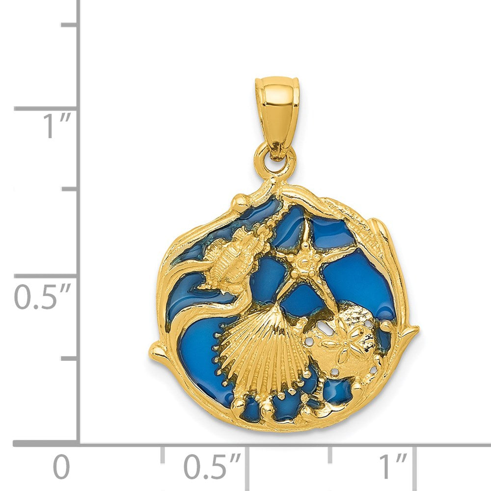 14k Yellow Gold 20 mm Blue Enameled Shell Cluster Pendant (2.75 grams)
