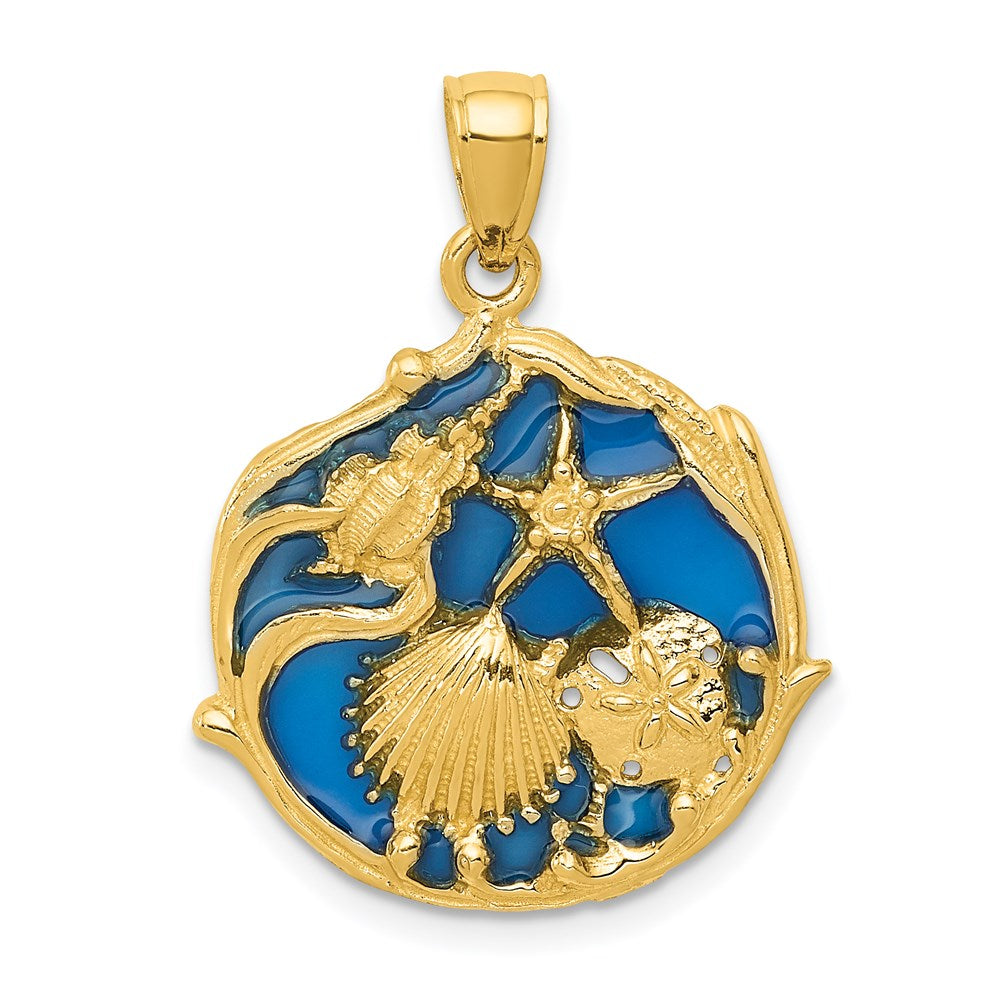 14k Yellow Gold 20 mm Blue Enameled Shell Cluster Pendant (2.75 grams)