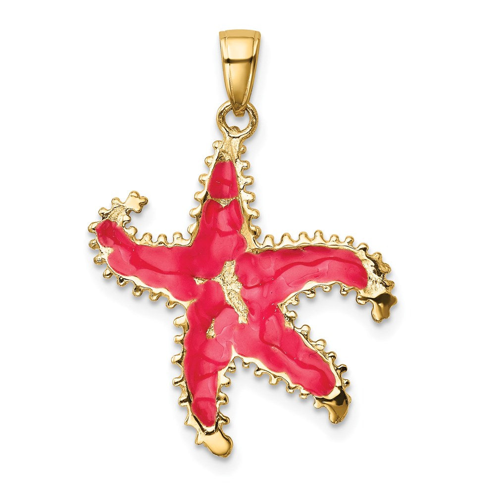 14k Yellow Gold 23 mm Pink Enameled Starfish Pendant (2.24 grams)