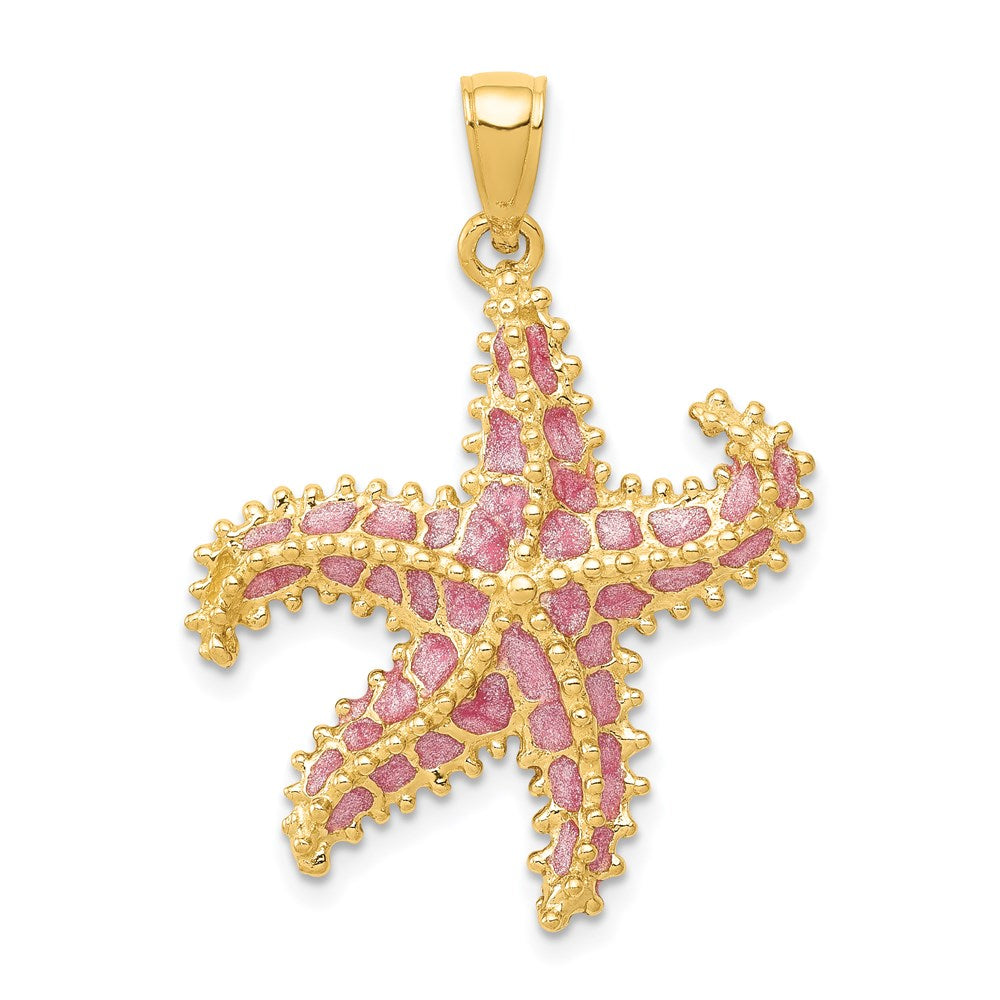 14k Yellow Gold 23 mm Pink Enameled Starfish Pendant (2.24 grams)