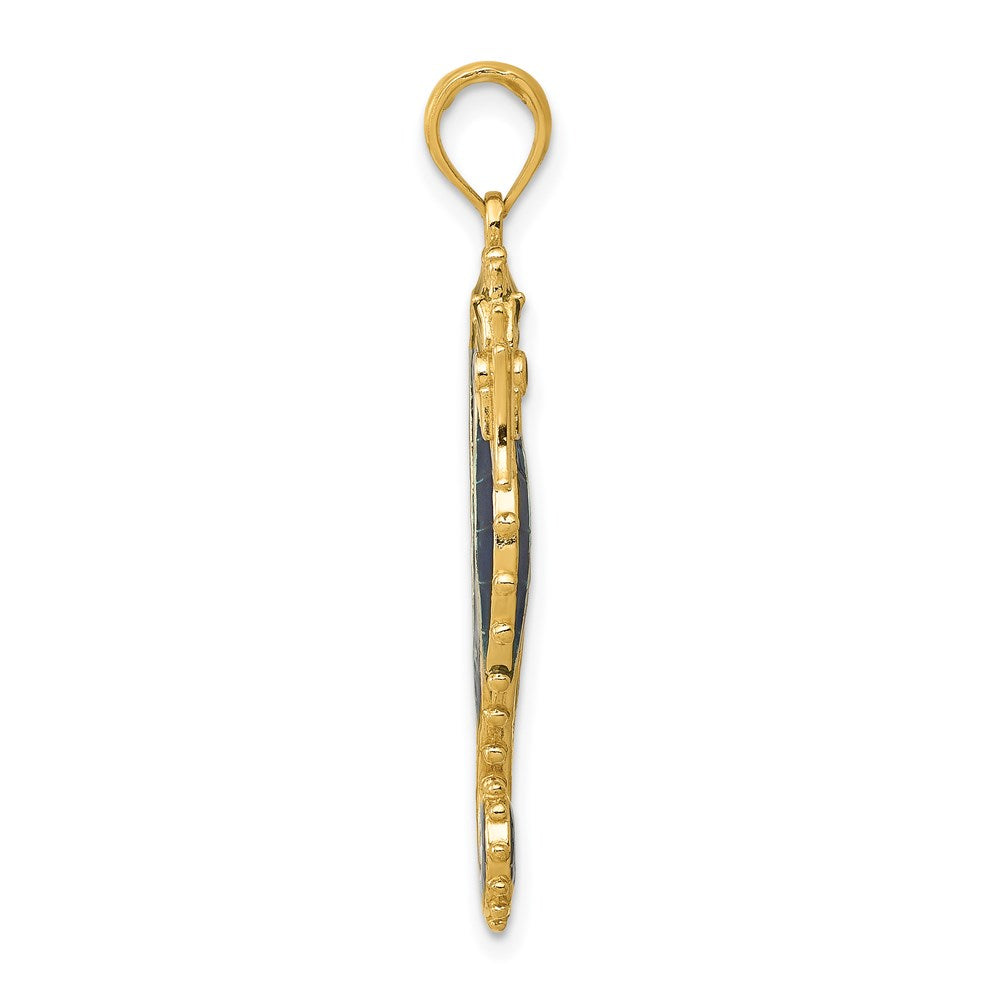 14k Yellow Gold 12 mm 3-D Blue Enameled Seahorse Pendant (2.38 grams)