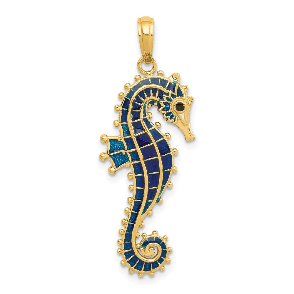 14k Yellow Gold 12 mm 3-D Blue Enameled Seahorse Pendant (2.38 grams)