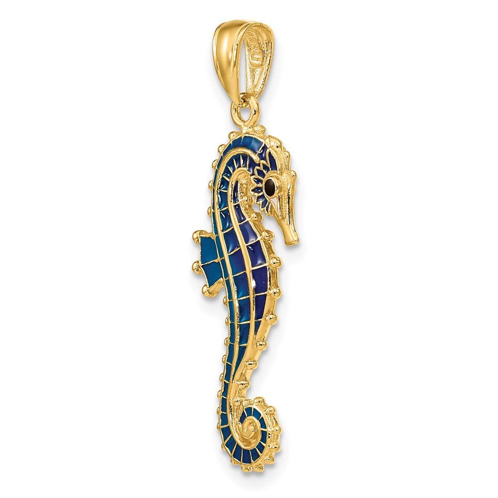 14k Yellow Gold 12 mm 3-D Blue Enameled Seahorse Pendant (2.38 grams)