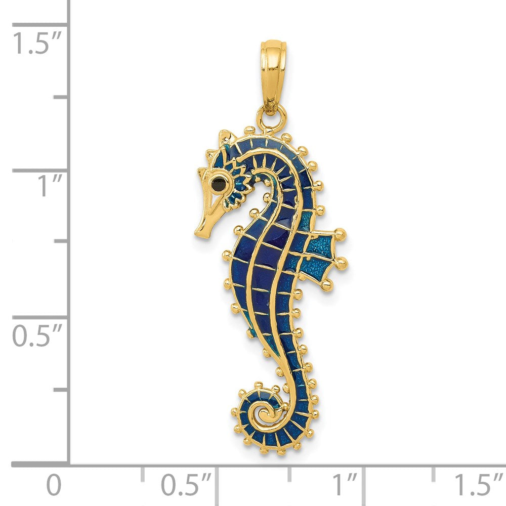 14k Yellow Gold 12 mm 3-D Blue Enameled Seahorse Pendant (2.38 grams)