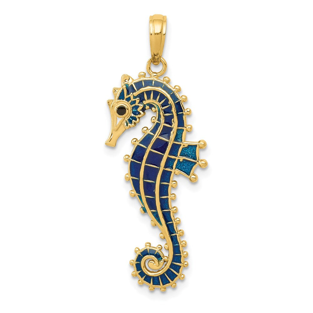14k Yellow Gold 12 mm 3-D Blue Enameled Seahorse Pendant (2.38 grams)
