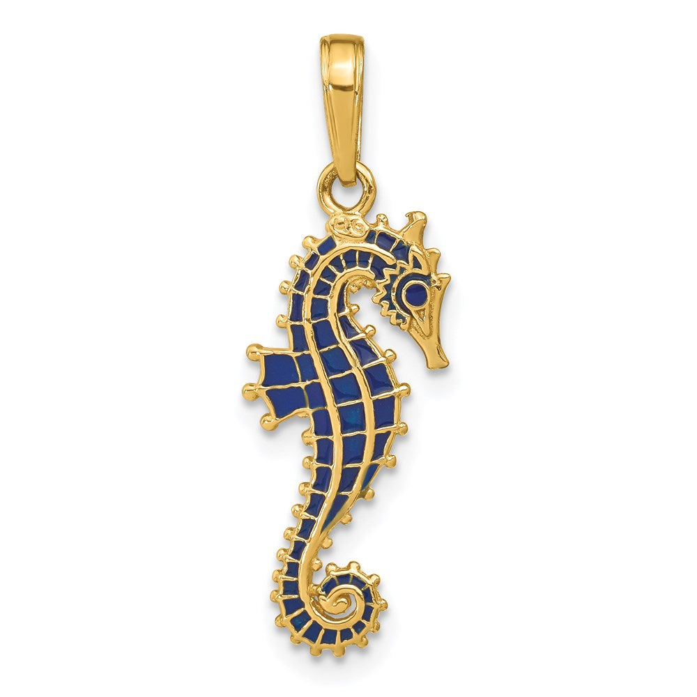 14k Yellow Gold 10 mm 3-D Blue Enameled Seahorse Pendant (1.69 grams)