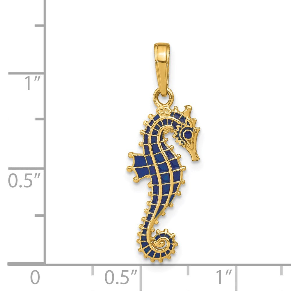 14k Yellow Gold 10 mm 3-D Blue Enameled Seahorse Pendant (1.69 grams)