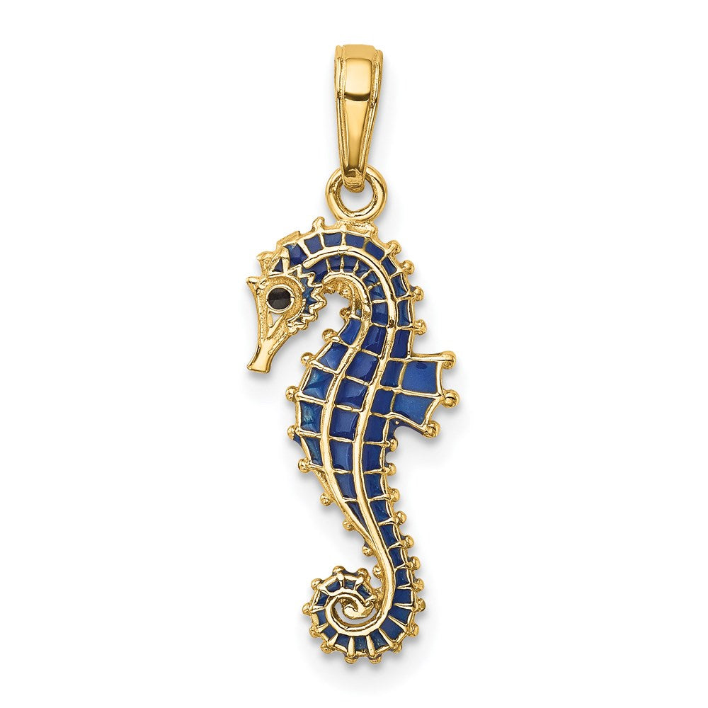 14k Yellow Gold 10 mm 3-D Blue Enameled Seahorse Pendant (1.69 grams)