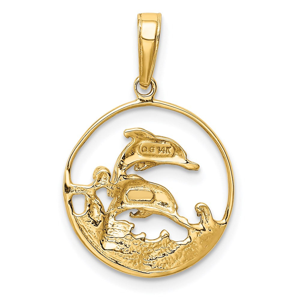 14k Yellow & Rhodium 15 mm Double Dolphins In Circle Pendant (1.35 grams)
