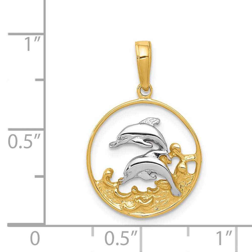 14k Yellow & Rhodium 15 mm Double Dolphins In Circle Pendant (1.35 grams)