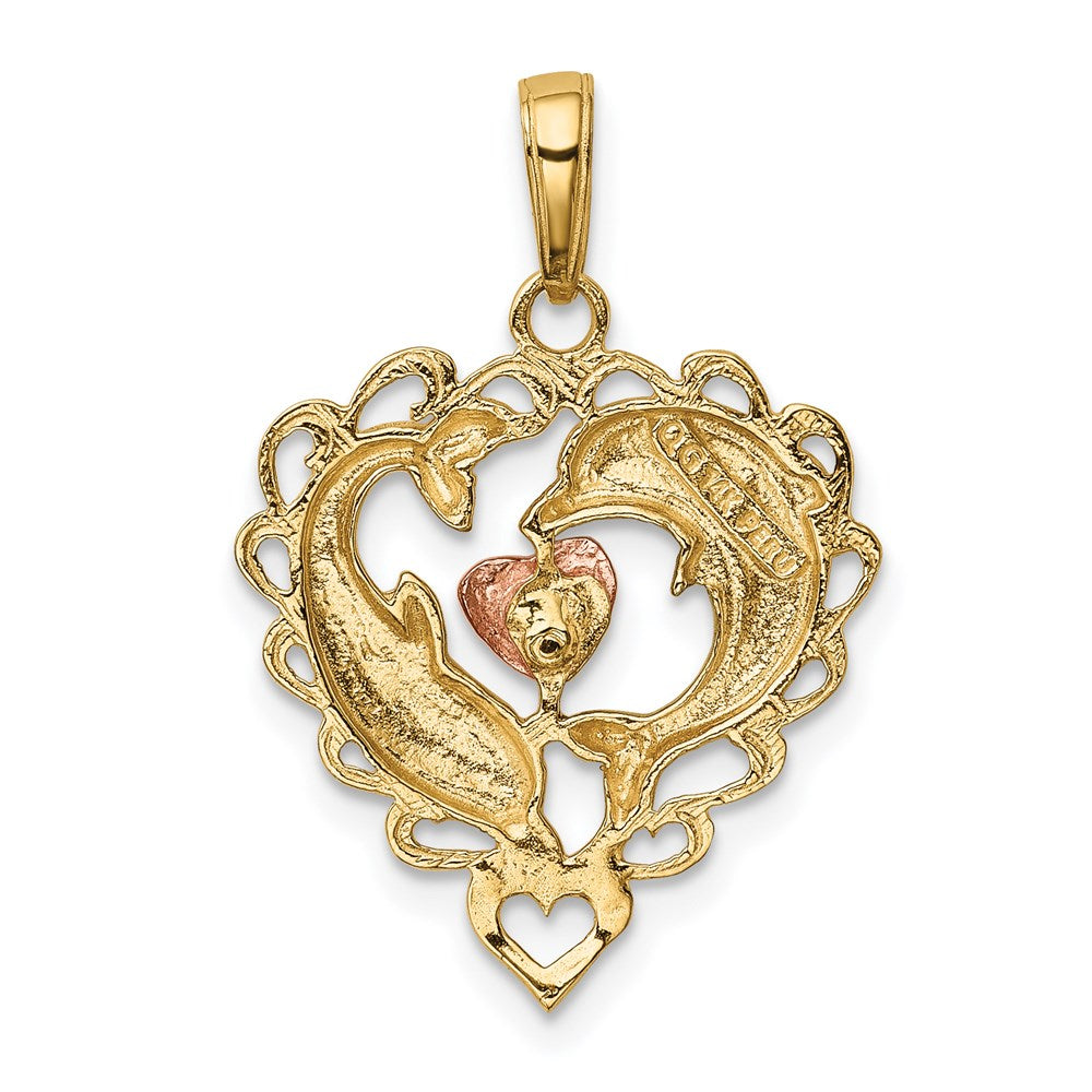 14k Two-tone 19 mm Dolphins In Heart Pendant (2.03 grams)
