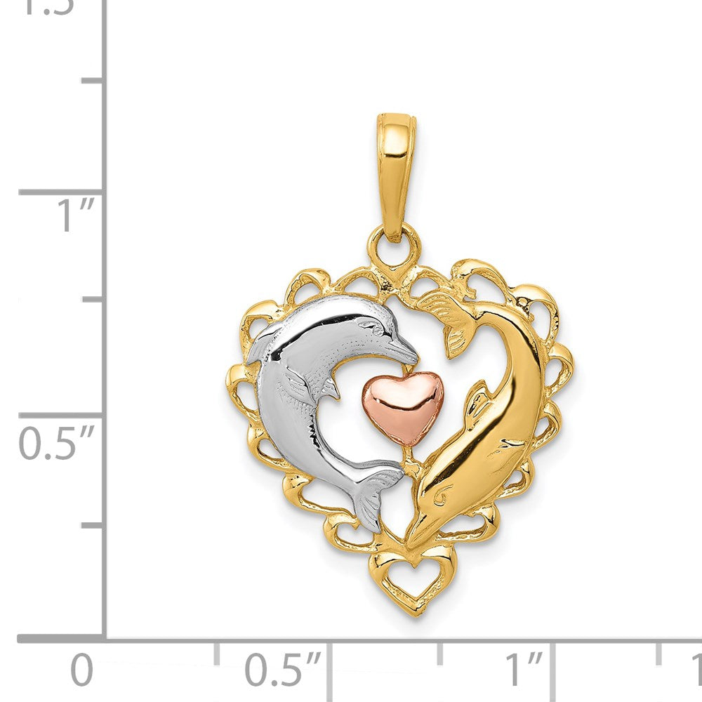 14k Two-tone 19 mm Dolphins In Heart Pendant (2.03 grams)