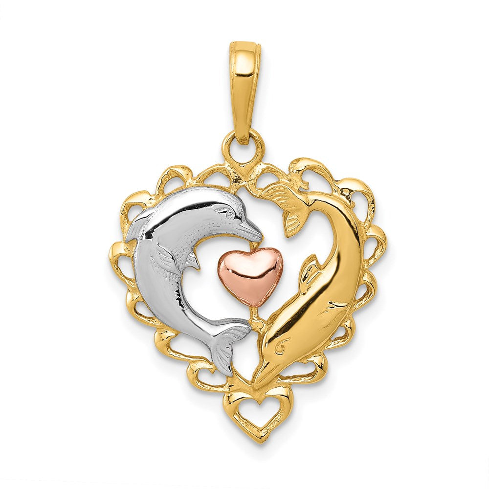 14k Two-tone 19 mm Dolphins In Heart Pendant (2.03 grams)