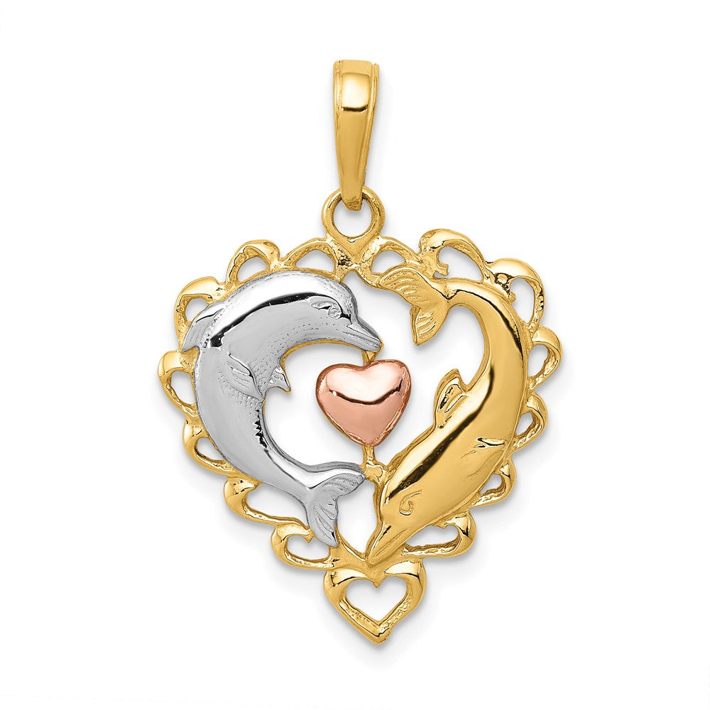 14k Two-tone 19 mm  Dolphins In Heart Pendant