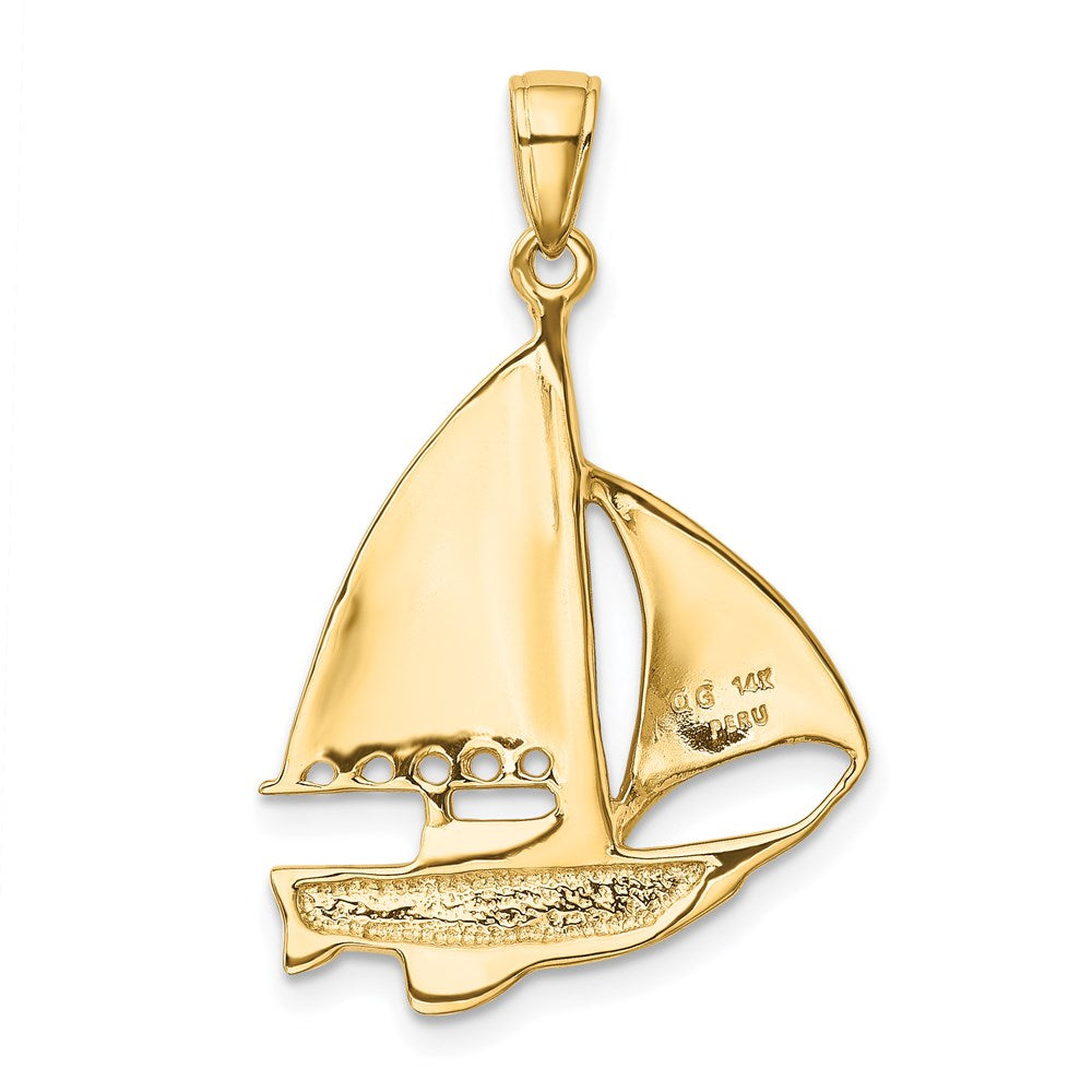 14k Yellow Gold 21 mm 2-D Blue and White Enameled Sailboat Pendant (3.28 grams)