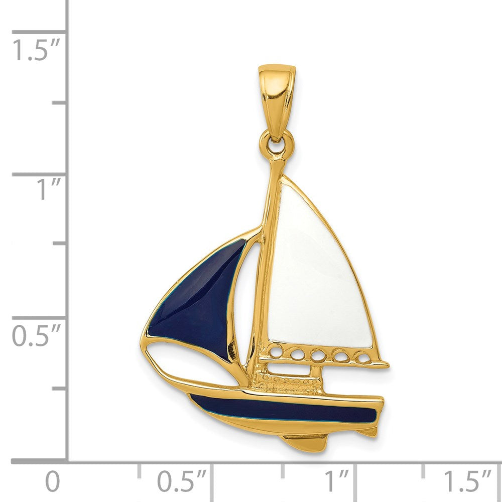 14k Yellow Gold 21 mm 2-D Blue and White Enameled Sailboat Pendant (3.28 grams)