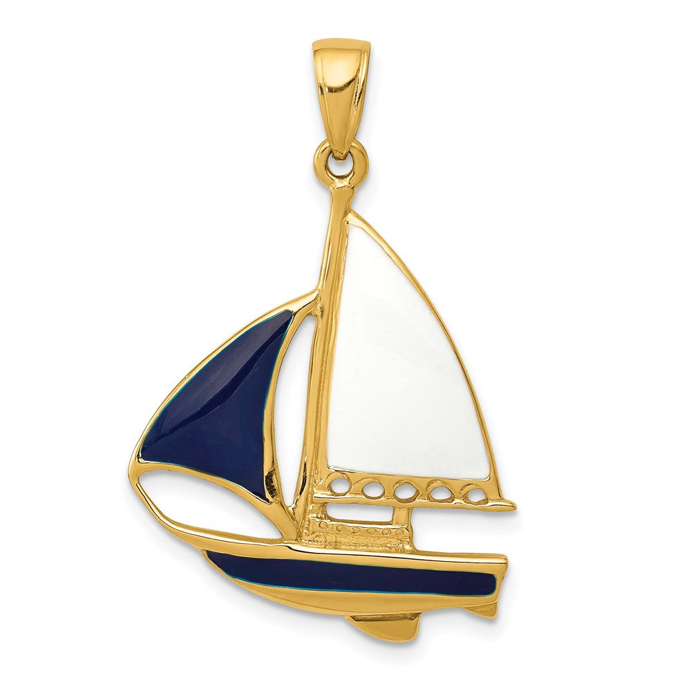 14k Yellow Gold 21 mm 2-D Blue and White Enameled Sailboat Pendant (3.28 grams)