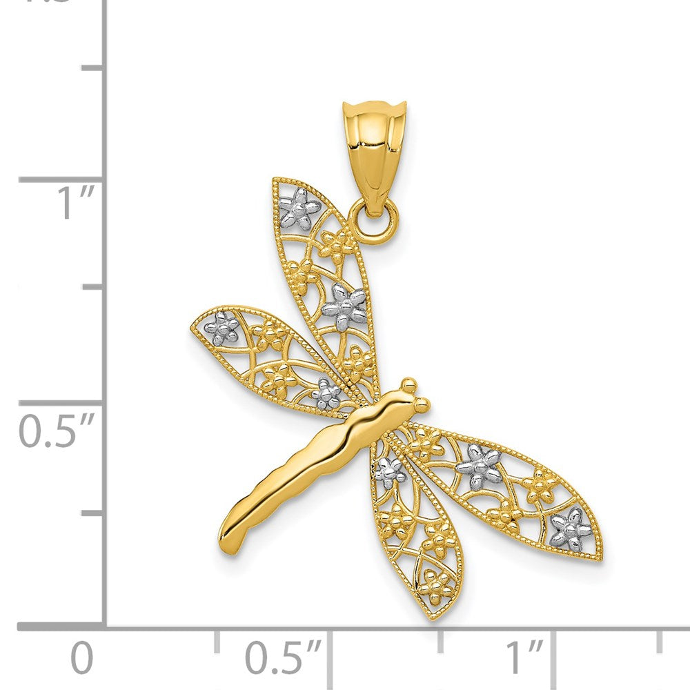 14k Yellow & Rhodium 25.5 mm Filigree Dragonfly Pendant (1.1 grams)