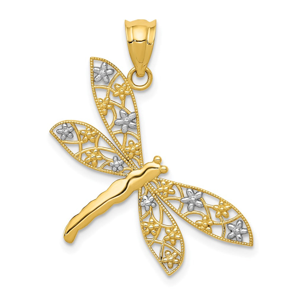14k Yellow & Rhodium 25.5 mm Filigree Dragonfly Pendant (1.1 grams)