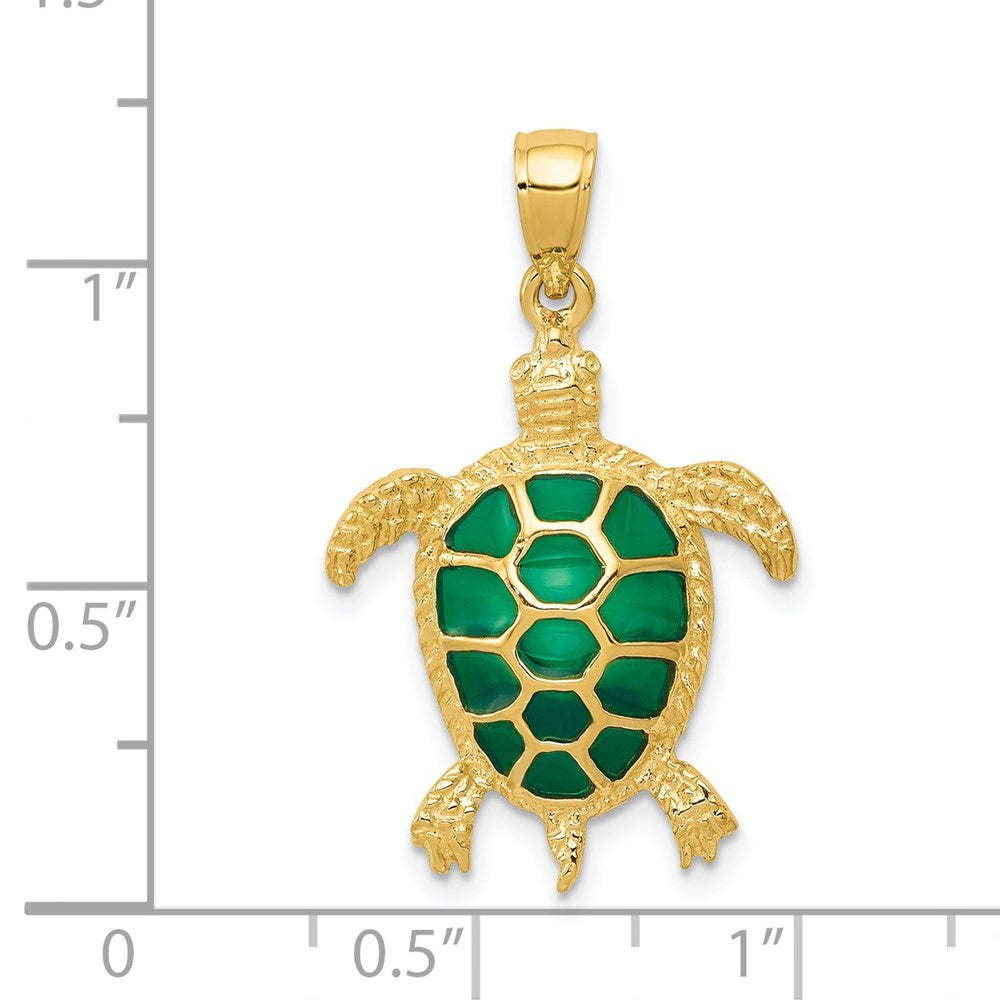 14k Yellow Gold 18 mm Green Enameled Sea Turtle Pendant (1.74 grams)