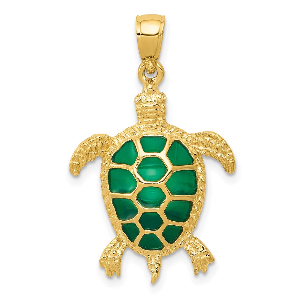 14k Yellow Gold 18 mm Green Enameled Sea Turtle Pendant (1.74 grams)