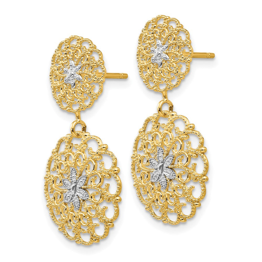 14k Yellow & Rhodium 14 mm D/C Filigree Medallion Drop Post Earrings (2.34 grams)