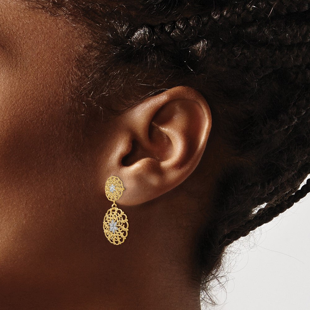 14k Yellow & Rhodium 14 mm D/C Filigree Medallion Drop Post Earrings (2.34 grams)