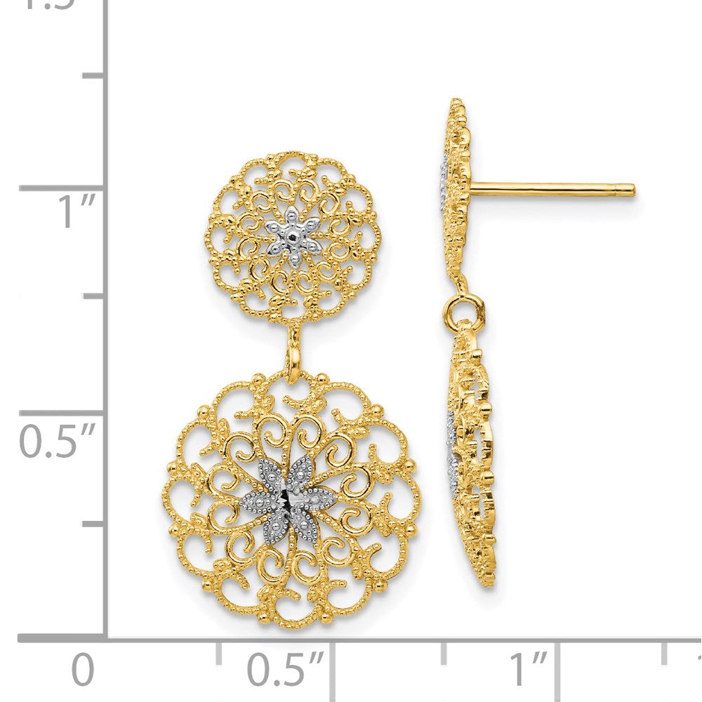 14k Yellow & Rhodium 14 mm D/C Filigree Medallion Drop Post Earrings (2.34 grams)